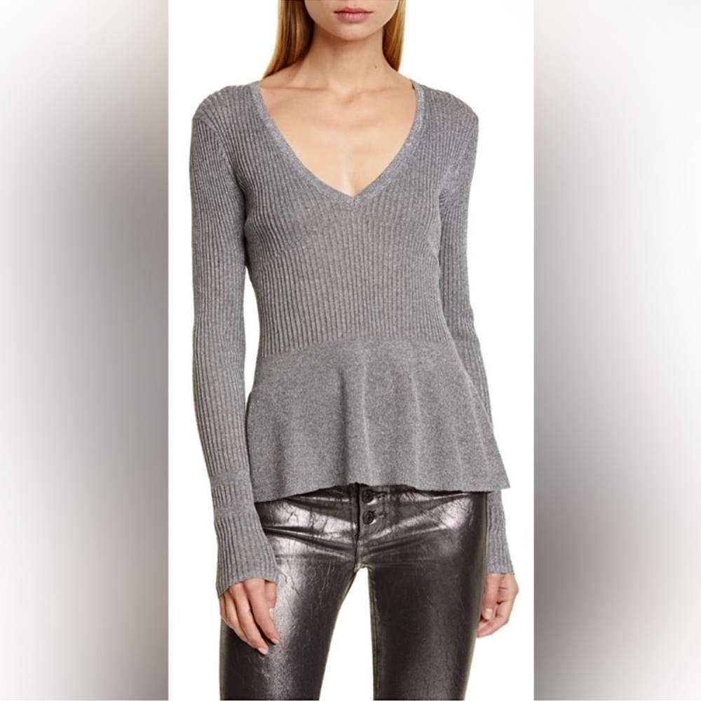 Veronica Beard Metallic Esperelda V-Neck Ribbed Peplum Sweater